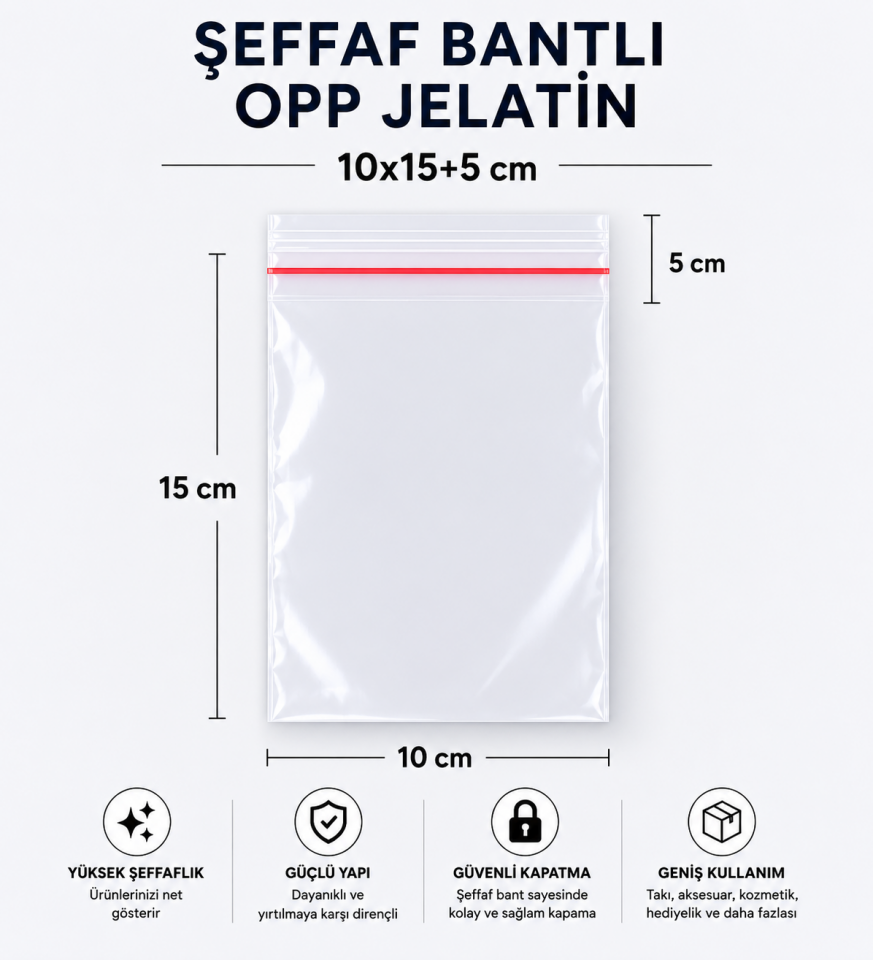 ŞEFFAF BANTLI OPP JELATİN POŞET 10X15+5