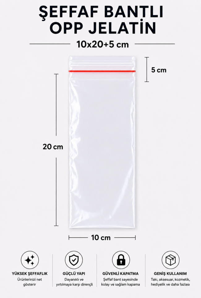 ŞEFFAF BANTLI OPP JELATİN POŞET 10x20+5