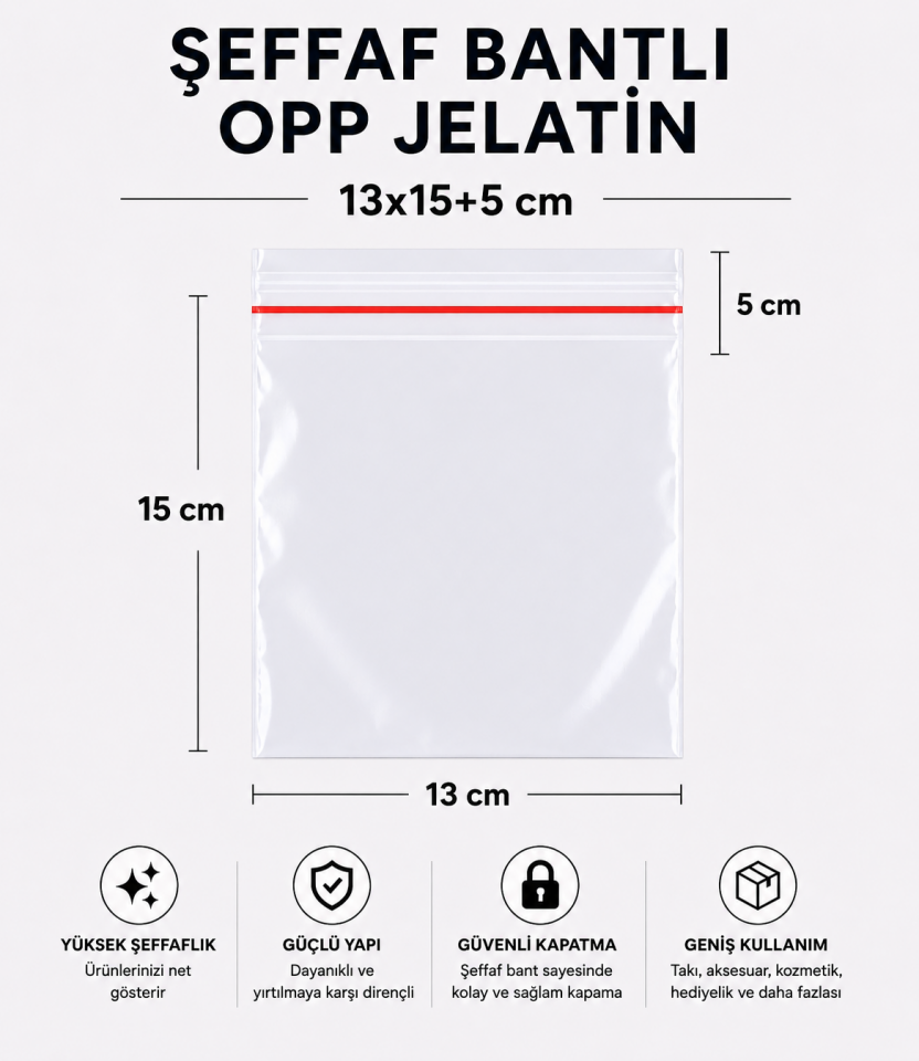 ŞEFFAF BANTLI OPP JELATİN POŞET 13x15+5