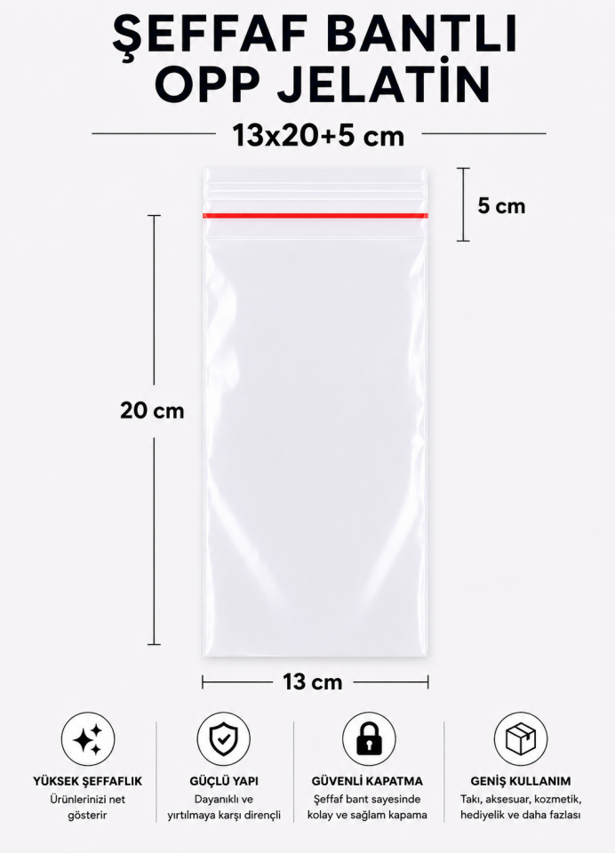 ŞEFFAF BANTLI OPP JELATİN POŞET 13x20+5