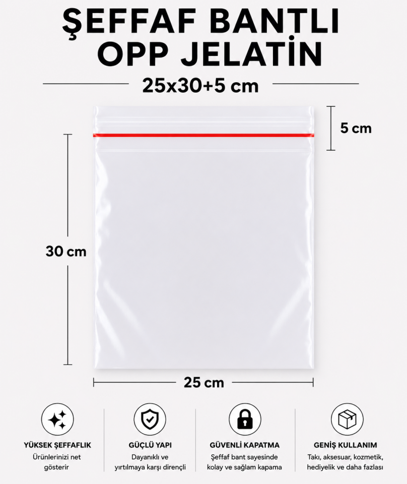 ŞEFFAF BANTLI OPP JELATİN POŞET 25x30+5