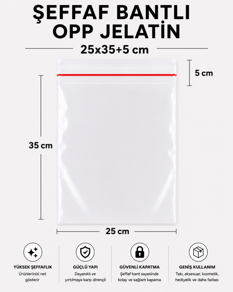 ŞEFFAF BANTLI OPP JELATİN POŞET 25x35+5