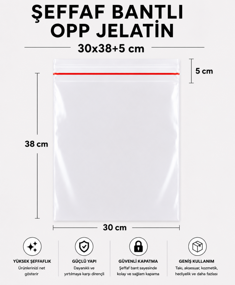 ŞEFFAF BANTLI OPP JELATİN POŞET 30x38+5