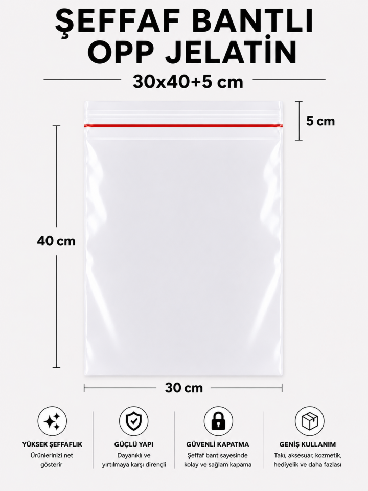 ŞEFFAF BANTLI OPP JELATİN POŞET 30x40+5