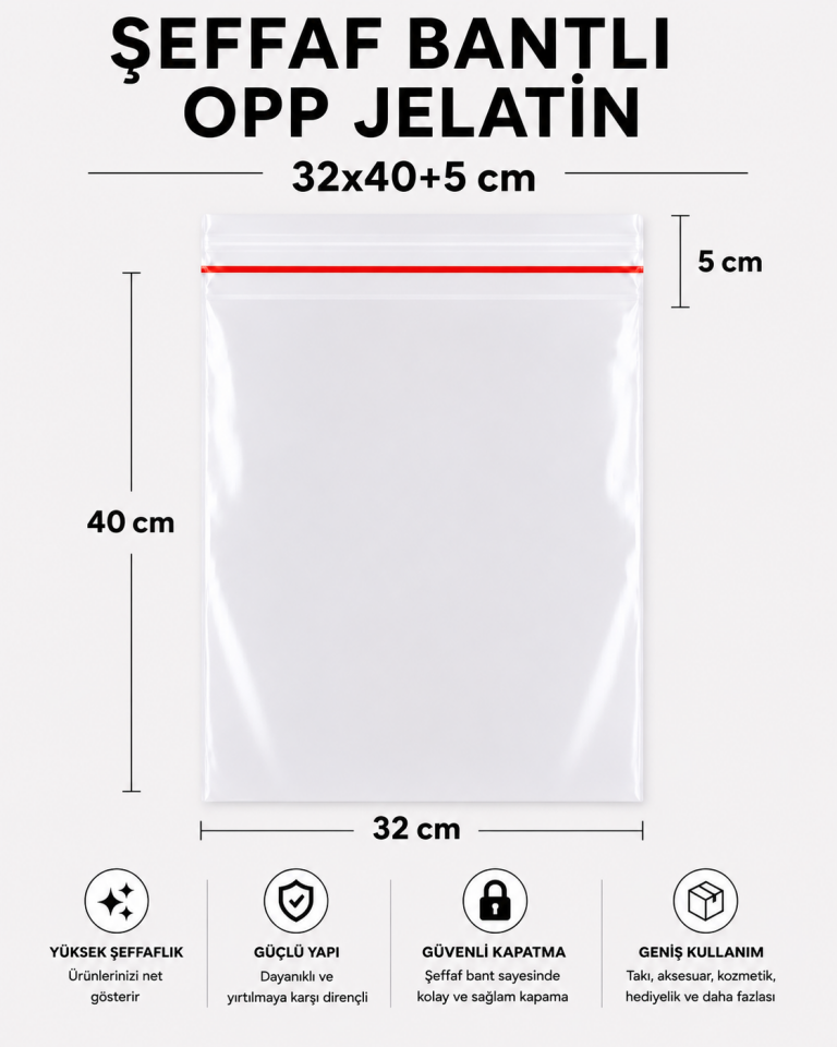 ŞEFFAF BANTLI OPP JELATİN POŞET 32x40+5