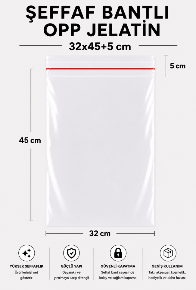 ŞEFFAF BANTLI OPP JELATİN POŞET 32x45+5