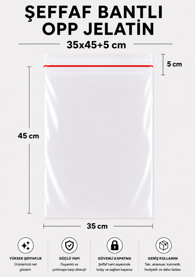 ŞEFFAF BANTLI OPP JELATİN POŞET 35x45+5